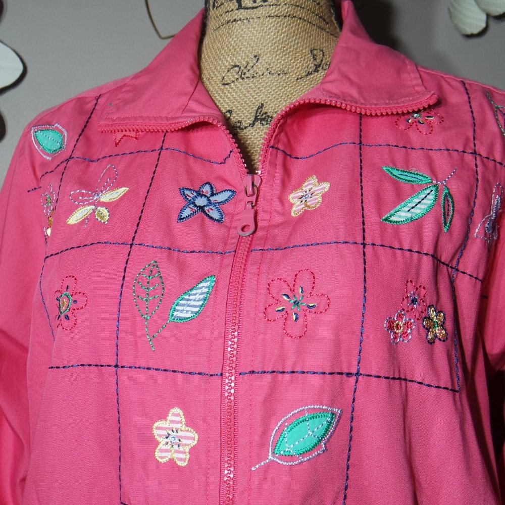 Vintage KORET Womens Pink Embroidered Floral Flowers Pink Spring Full Zip Jacket